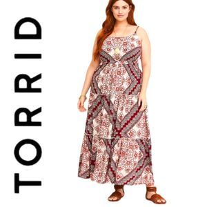 TORRID PLUS SIZE 0X RED SCARF PRINT TIE BACK STRAPPY PAISLEY BOHO MAXI DRESS